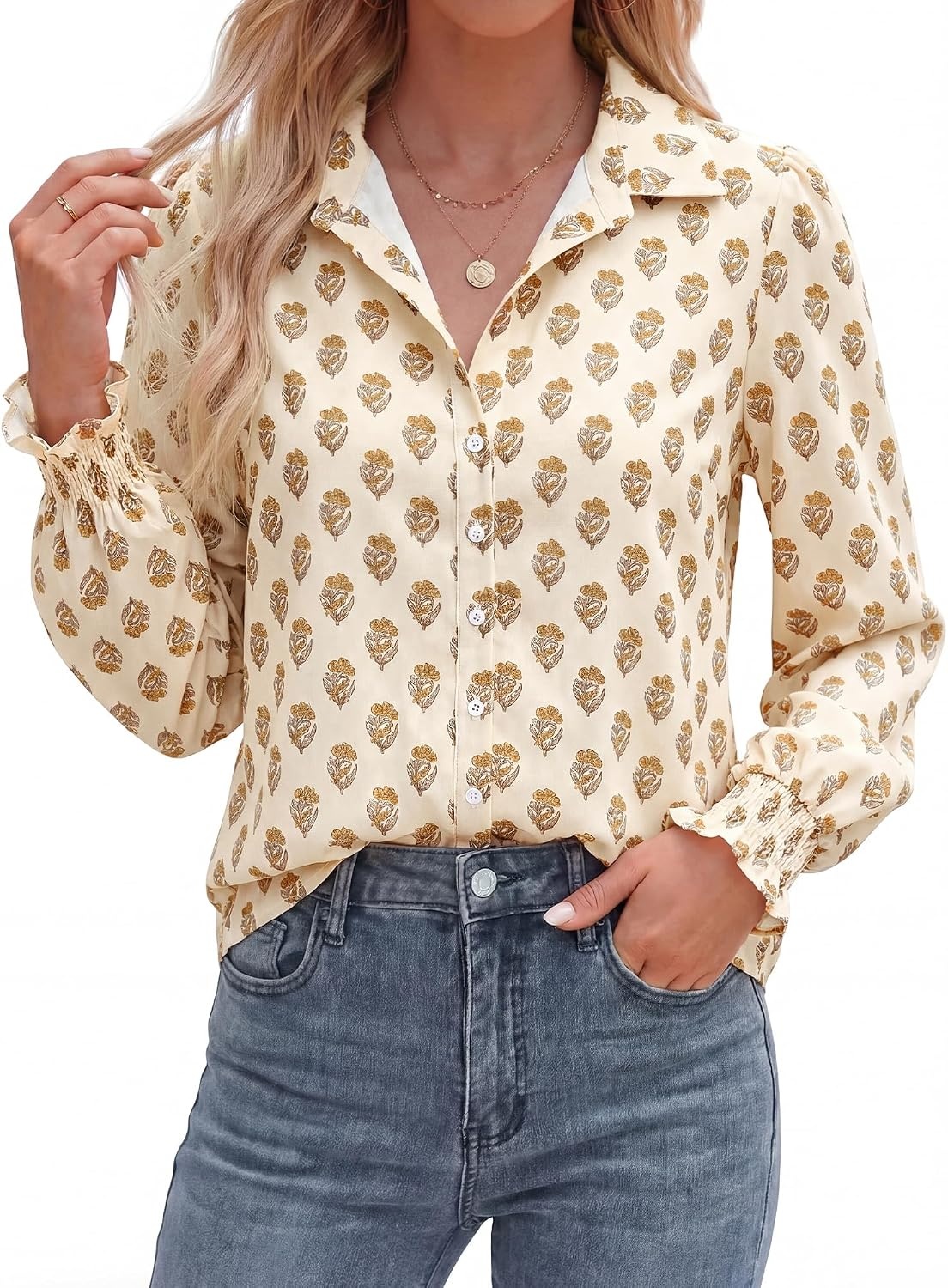 image:imageBTFBM Long Sleeve Blouses for WomenFloral Apricot Yellow