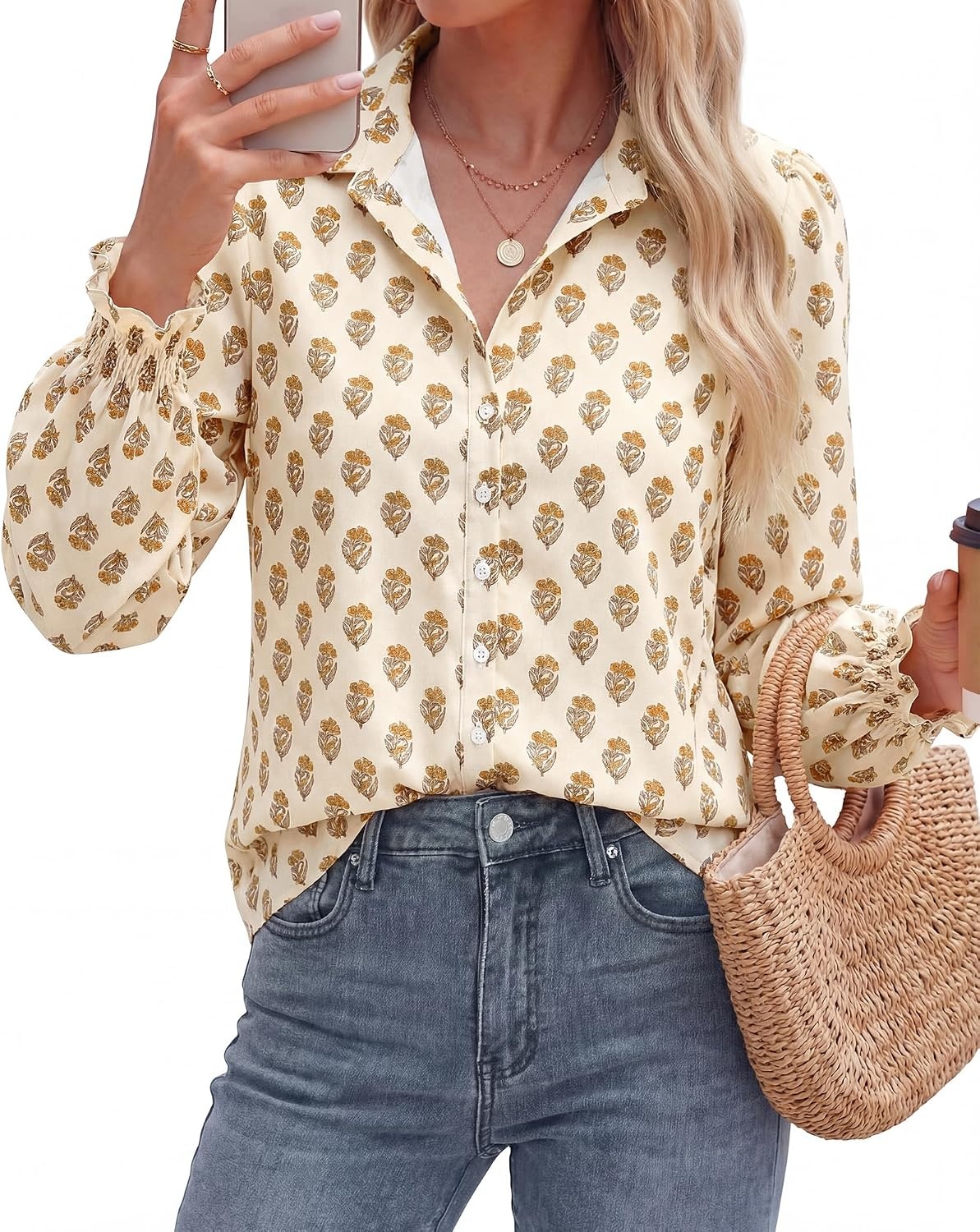 image:imageBTFBM Long Sleeve Blouses for WomenFloral Apricot Yellow