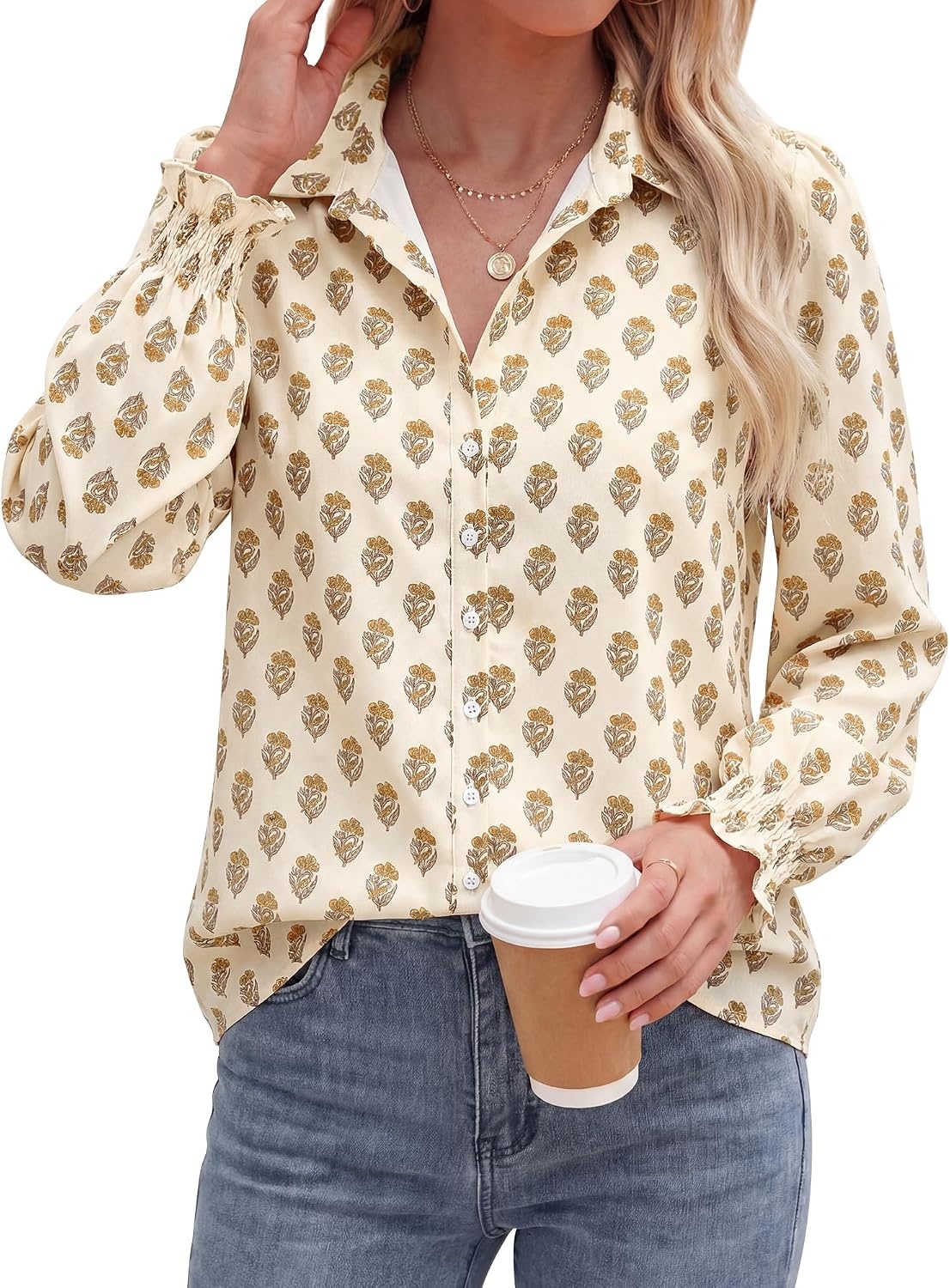 image:imageBTFBM Long Sleeve Blouses for WomenFloral Apricot Yellow