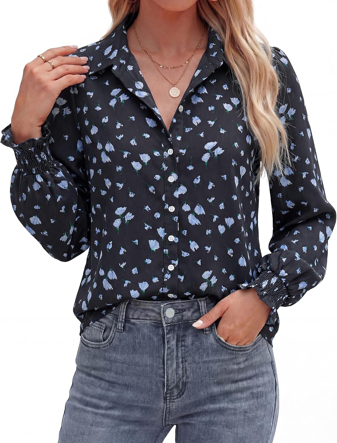 image:imageBTFBM Long Sleeve Blouses for WomenFloral Black Blue