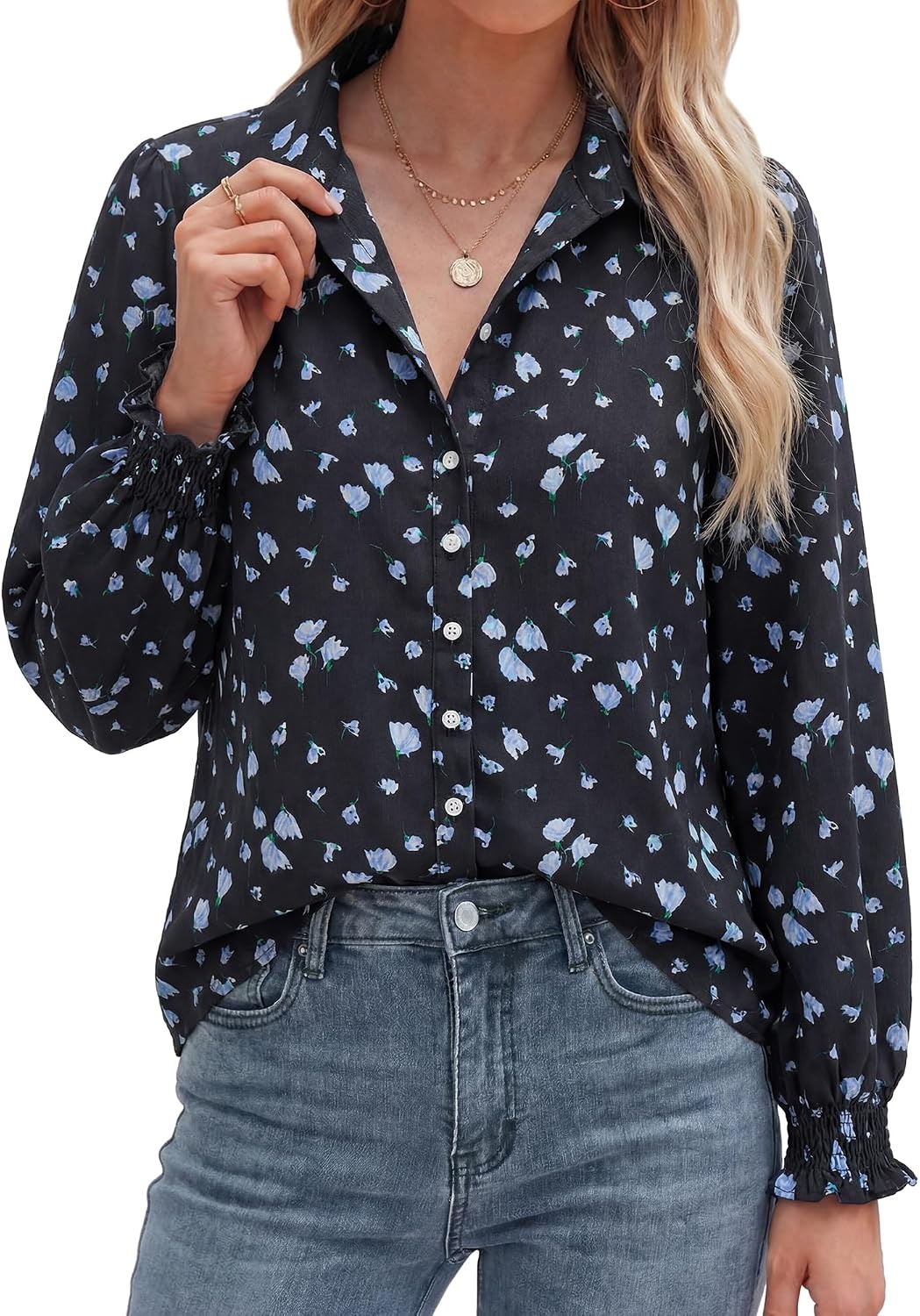 image:imageBTFBM Long Sleeve Blouses for WomenFloral Black Blue