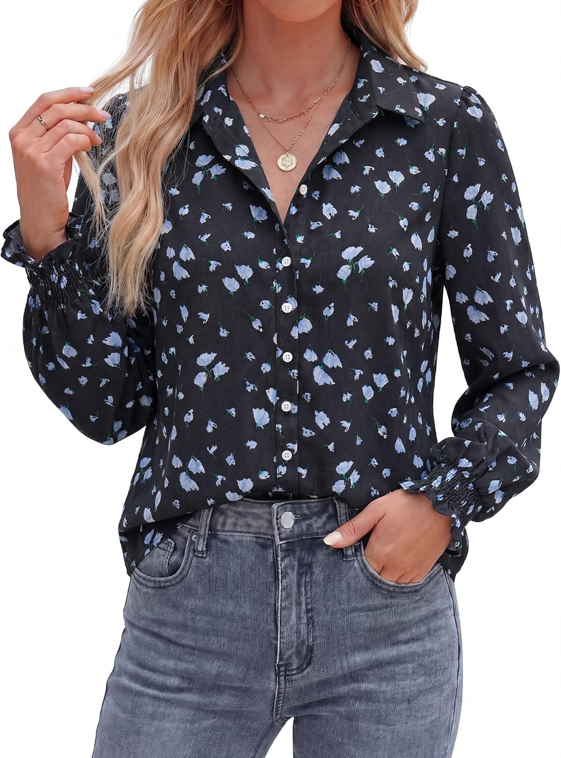 image:imageBTFBM Long Sleeve Blouses for WomenFloral Black Blue