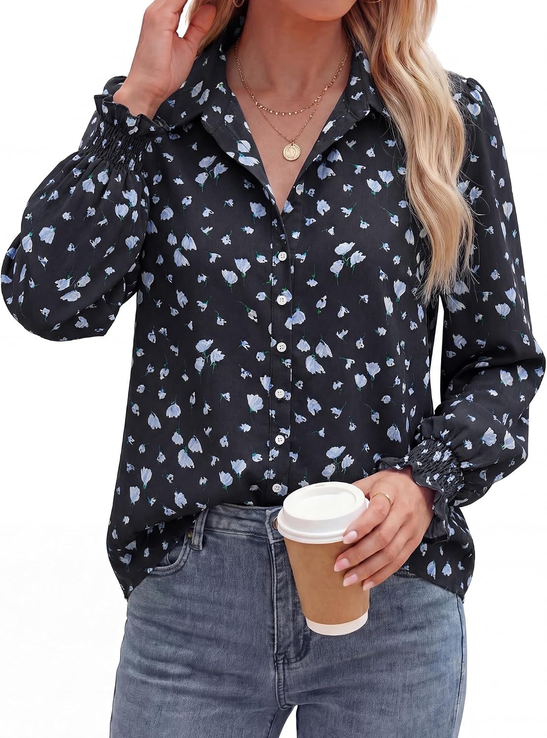 image:imageBTFBM Long Sleeve Blouses for WomenFloral Black Blue