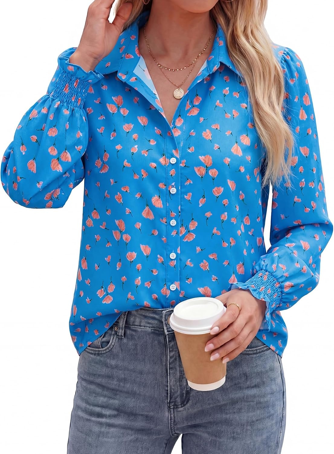 image:imageBTFBM Long Sleeve Blouses for WomenFloral Blue Orange