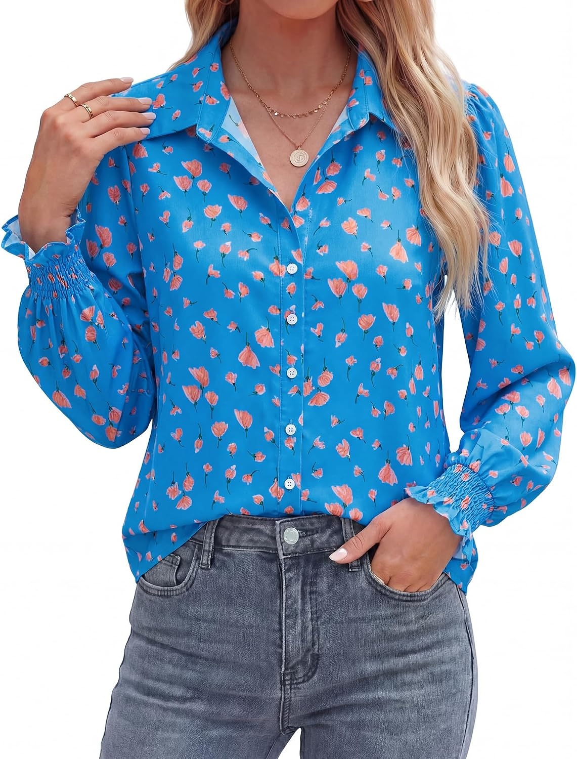 image:imageBTFBM Long Sleeve Blouses for WomenFloral Blue Orange