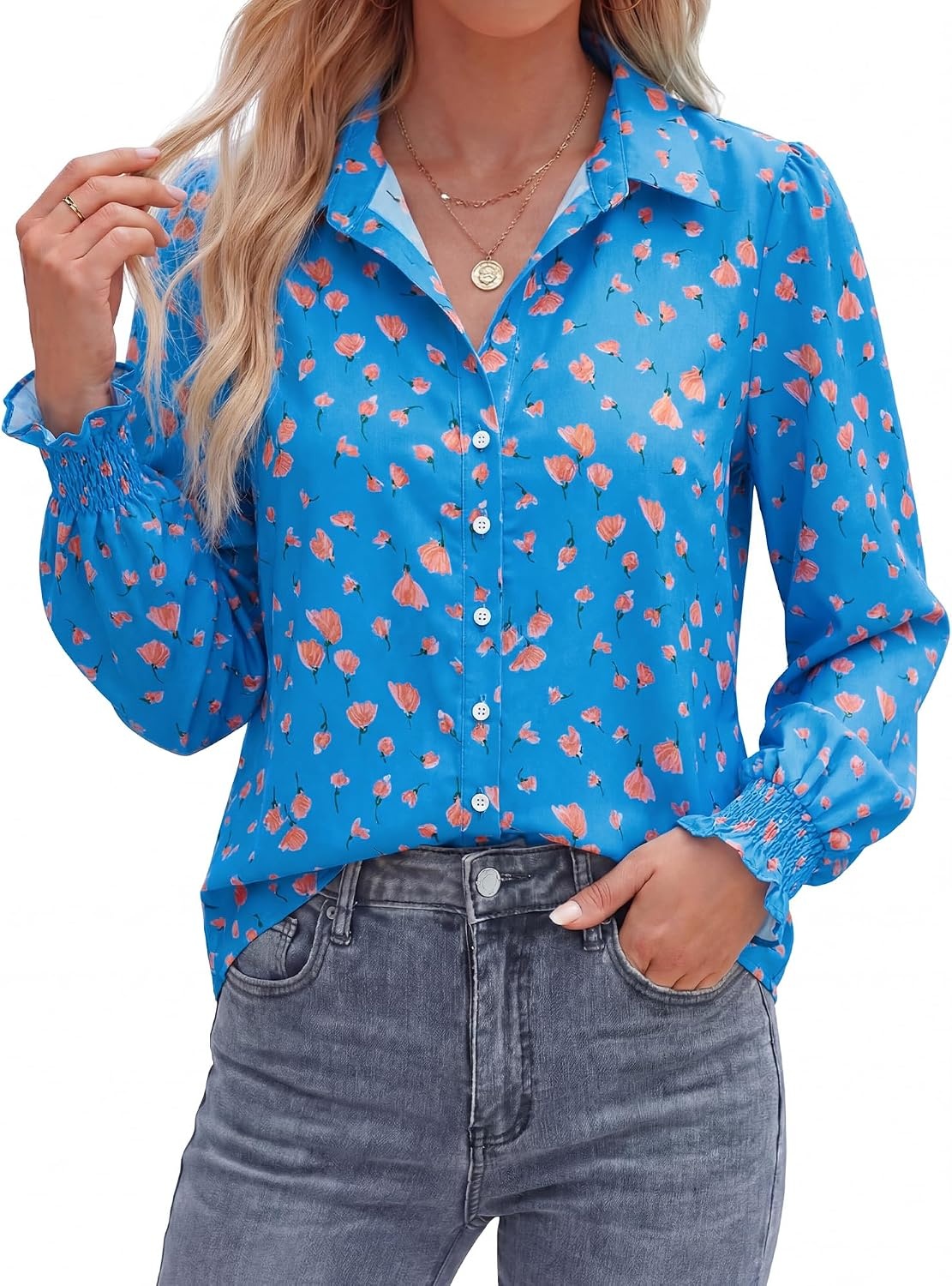 image:imageBTFBM Long Sleeve Blouses for WomenFloral Blue Orange
