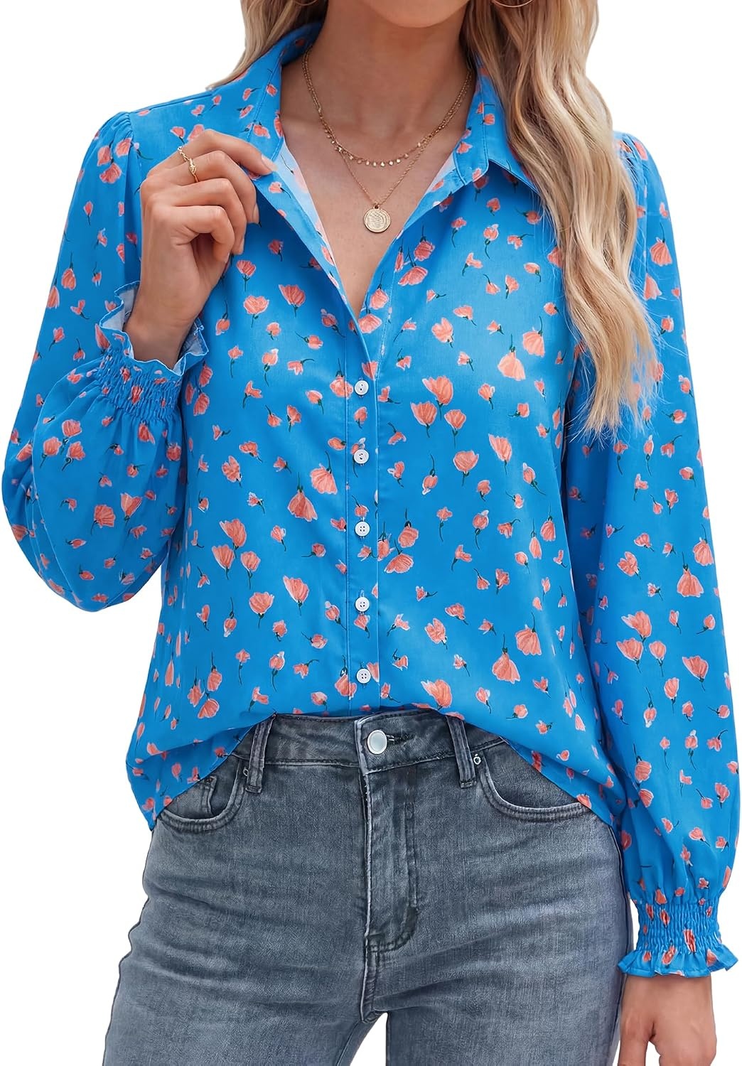 image:imageBTFBM Long Sleeve Blouses for WomenFloral Blue Orange