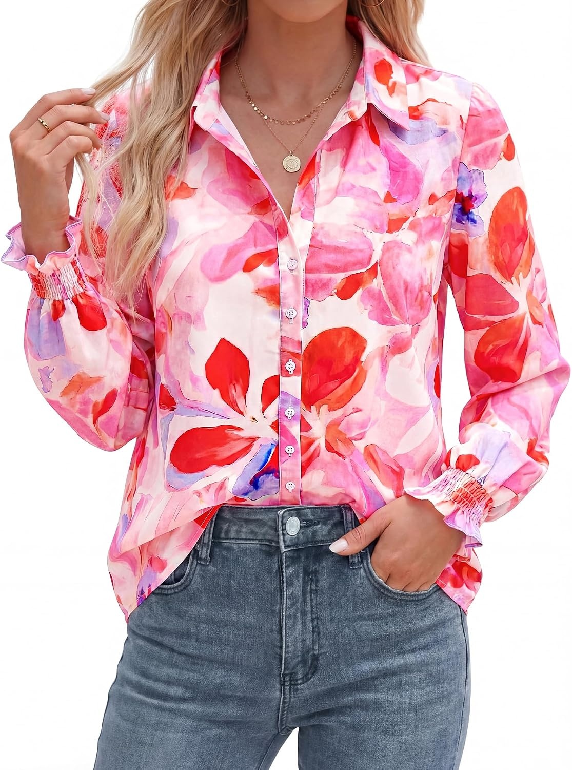 image:imageBTFBM Long Sleeve Blouses for WomenFloral Pink