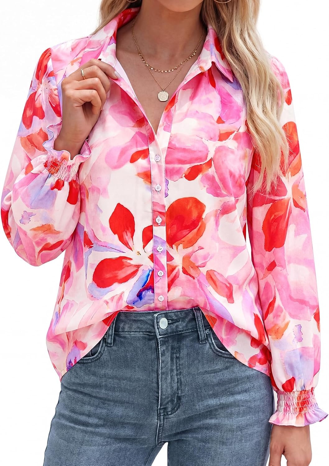 image:imageBTFBM Long Sleeve Blouses for WomenFloral Pink