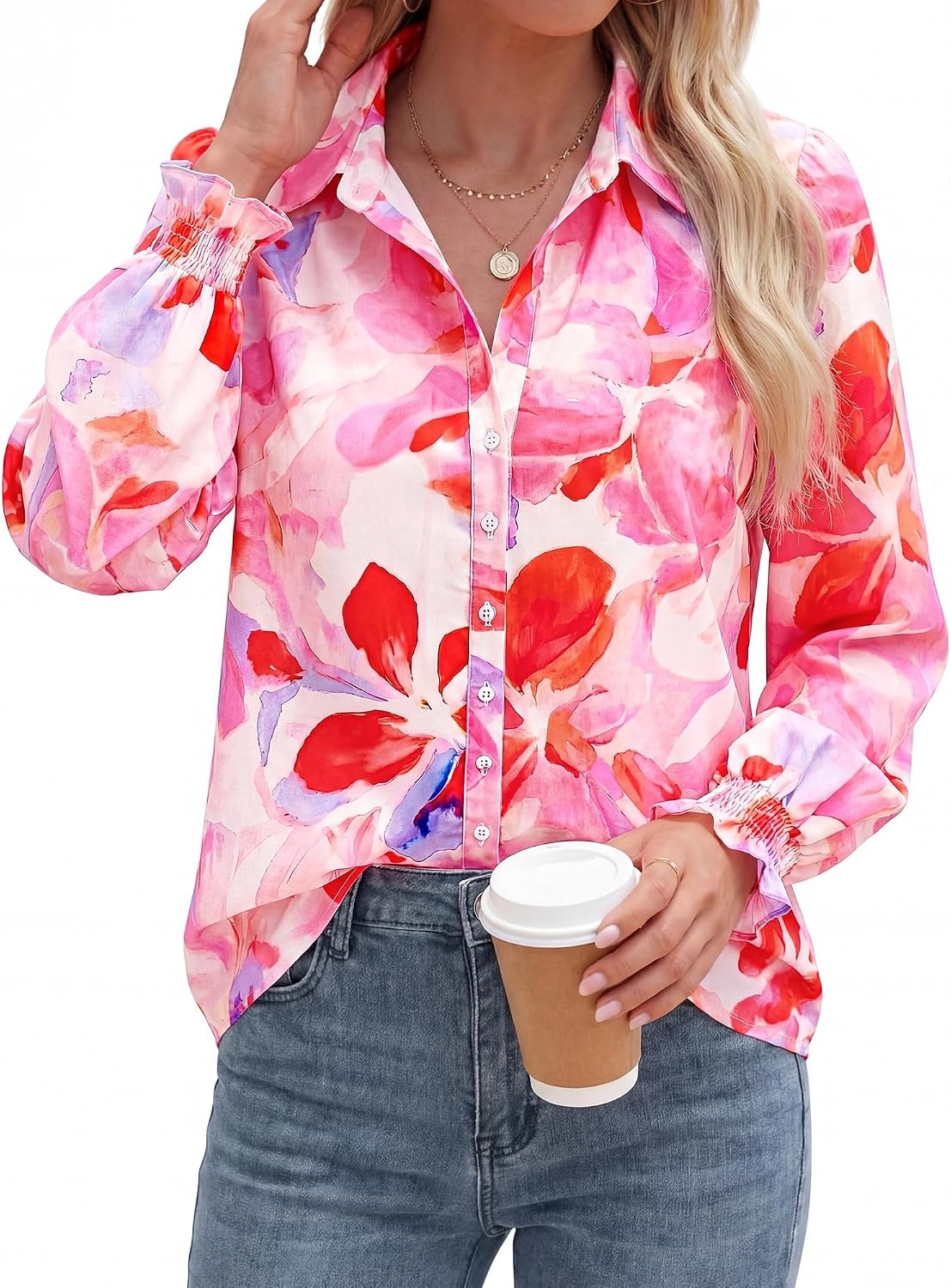 image:imageBTFBM Long Sleeve Blouses for WomenFloral Pink