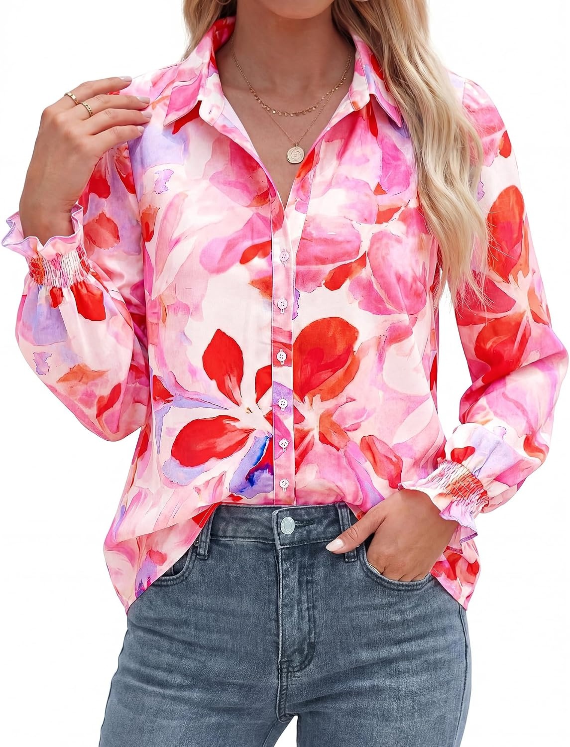 image:imageBTFBM Long Sleeve Blouses for WomenFloral Pink