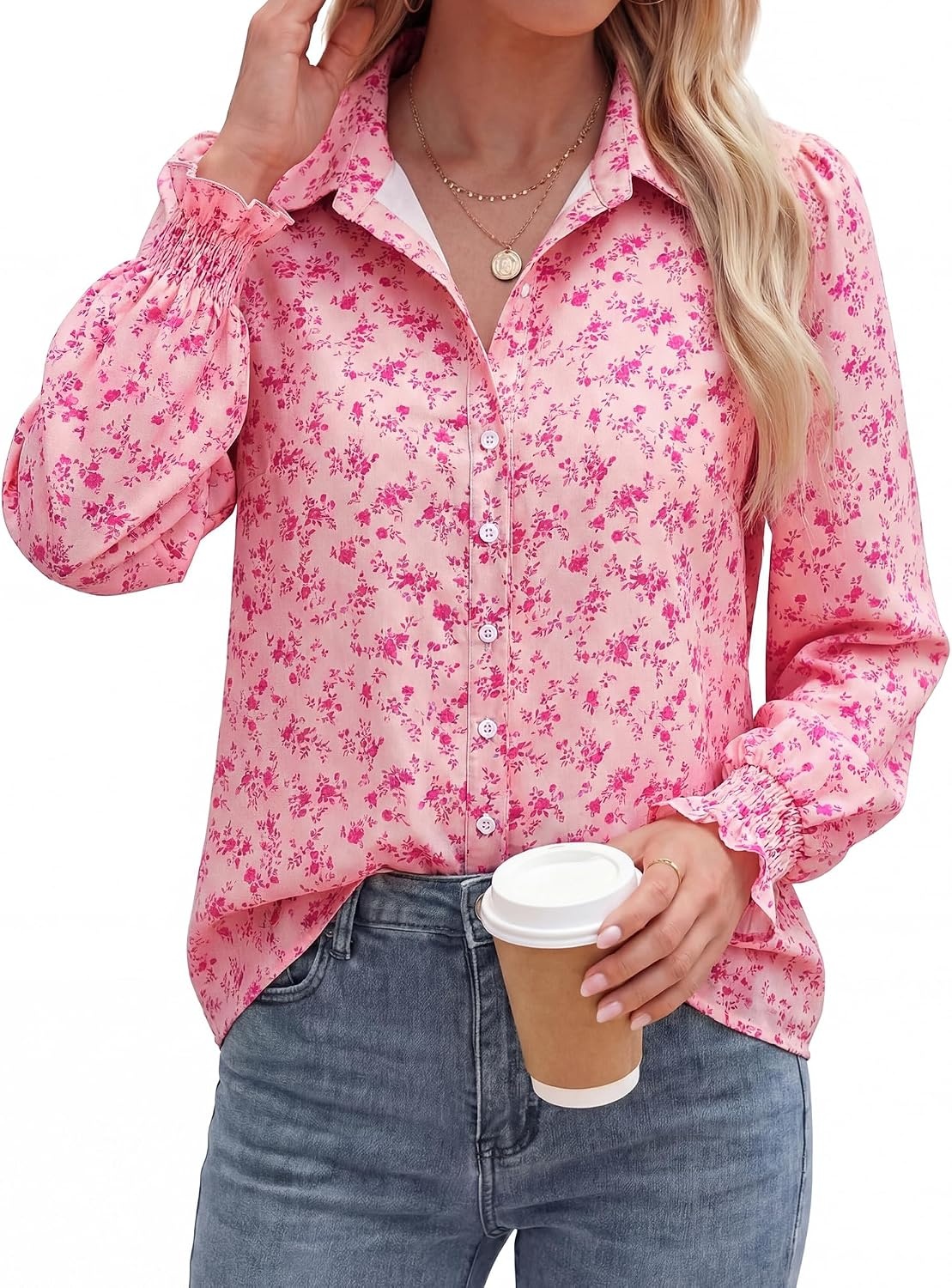 image:imageBTFBM Long Sleeve Blouses for WomenFloral Pink Rose Red