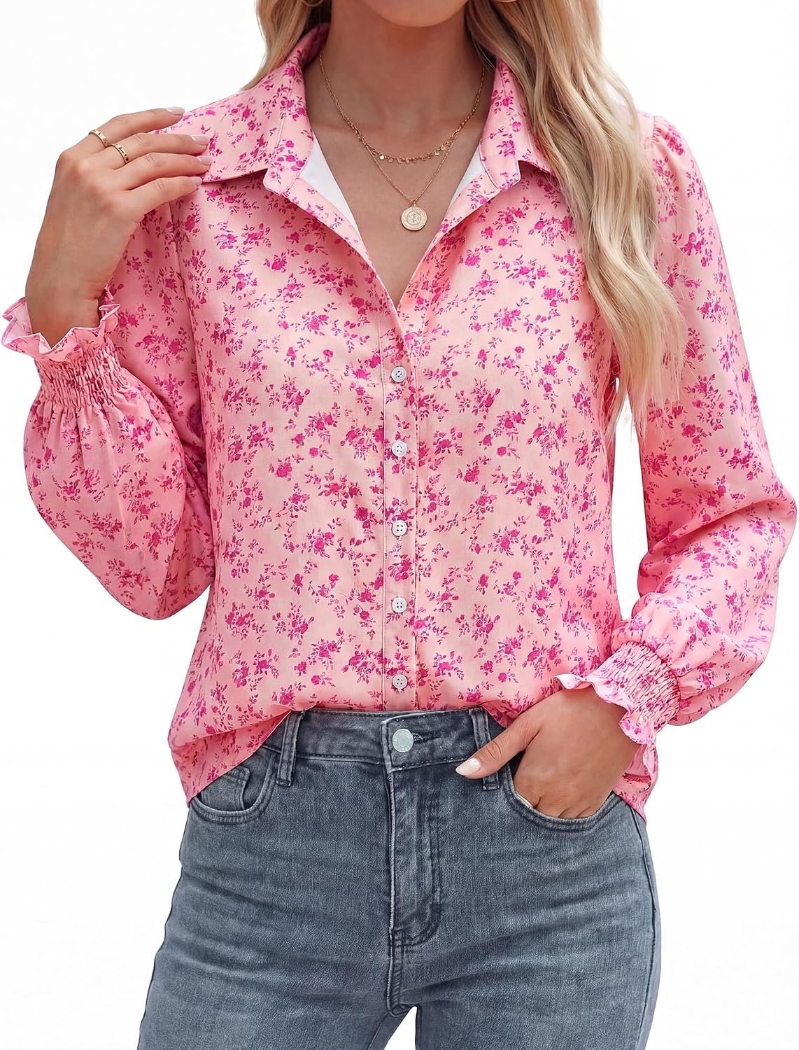 image:imageBTFBM Long Sleeve Blouses for WomenFloral Pink Rose Red