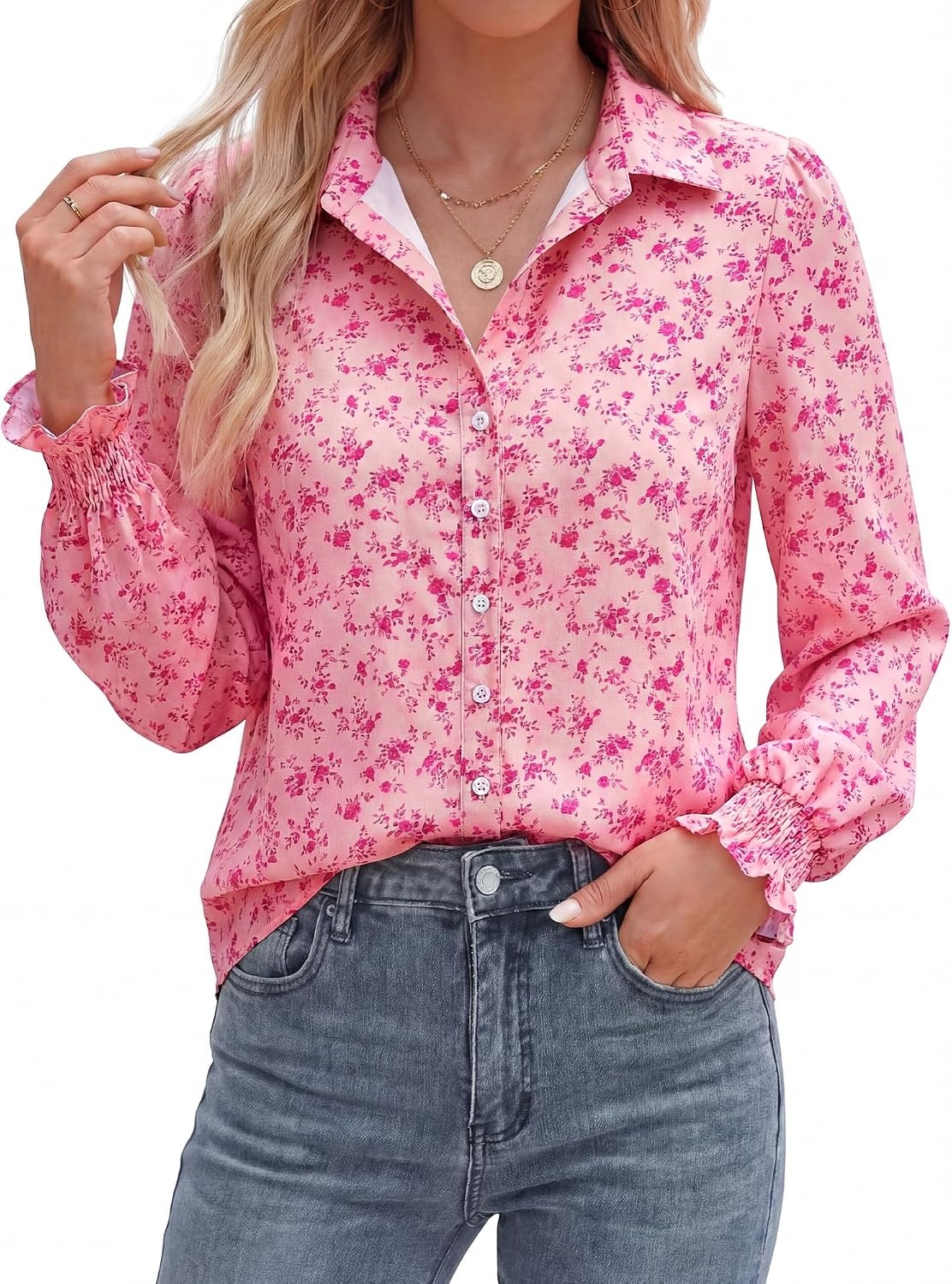 image:imageBTFBM Long Sleeve Blouses for WomenFloral Pink Rose Red