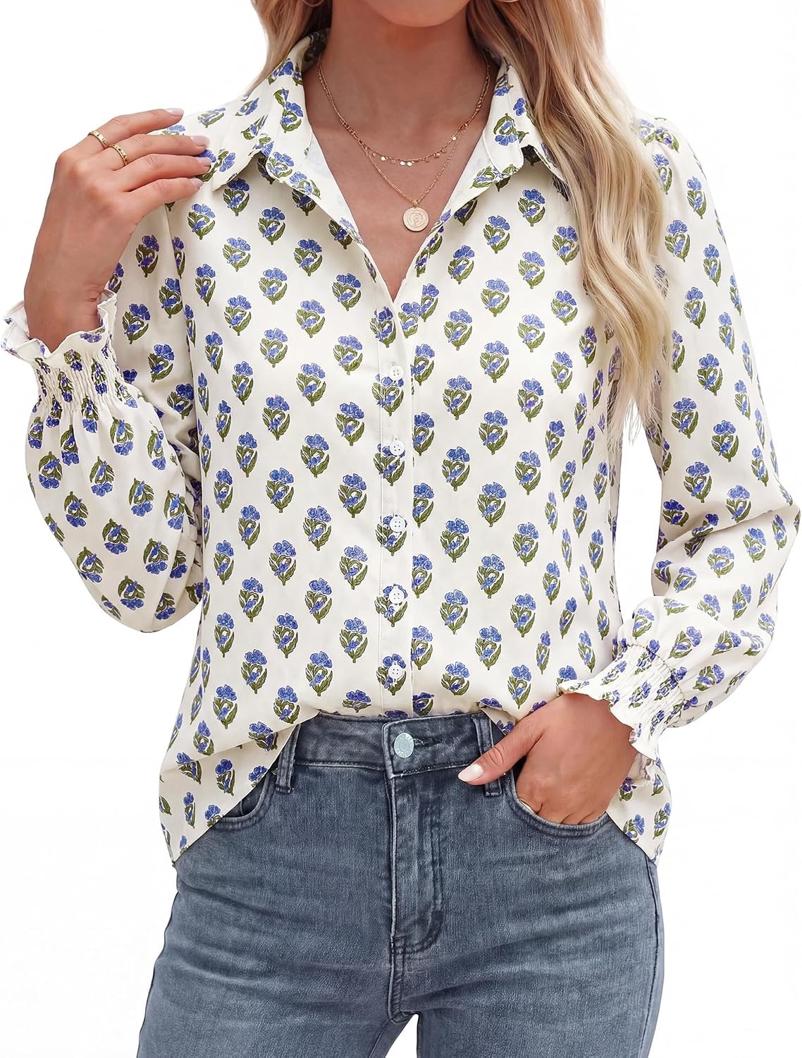 image:imageBTFBM Long Sleeve Blouses for WomenFloral White Blue