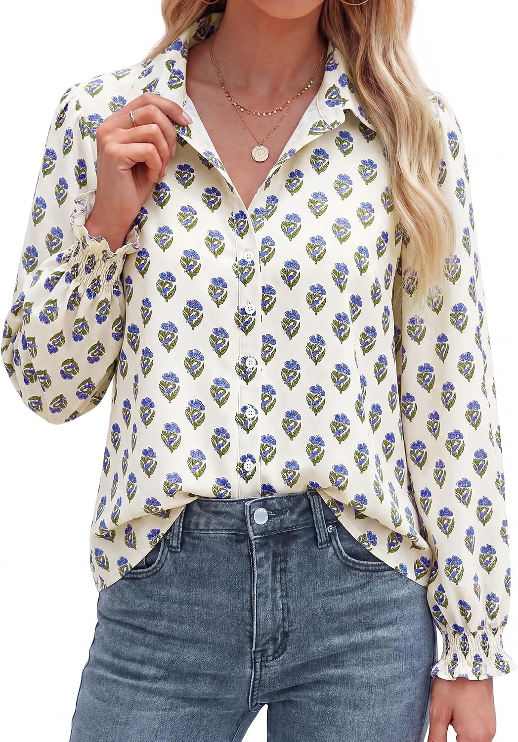 image:imageBTFBM Long Sleeve Blouses for WomenFloral White Blue