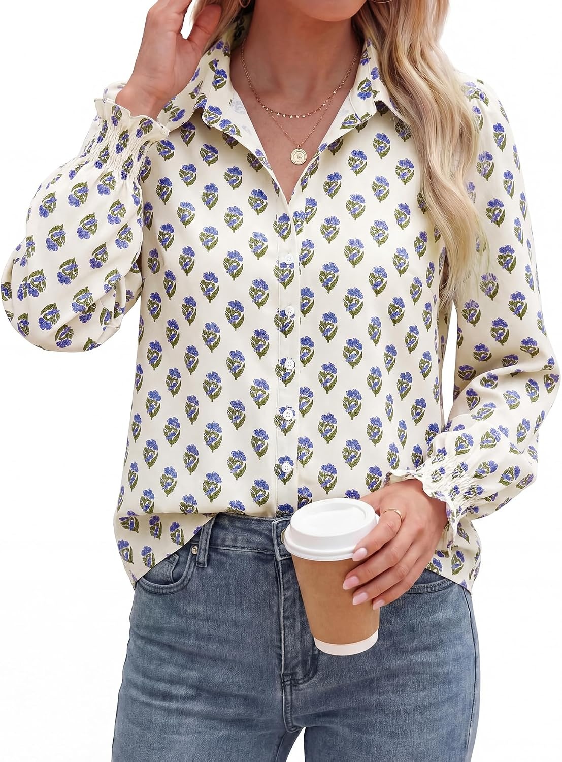 image:imageBTFBM Long Sleeve Blouses for WomenFloral White Blue