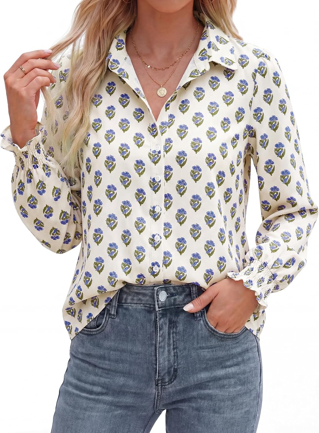 image:imageBTFBM Long Sleeve Blouses for WomenFloral White Blue