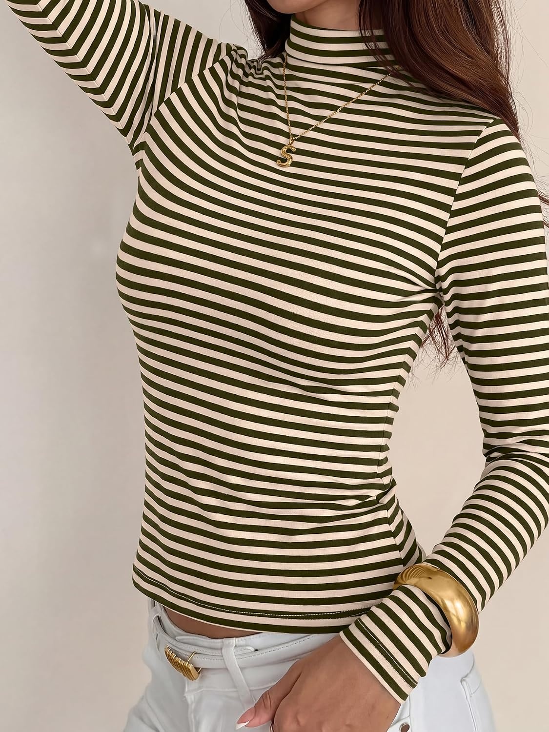 image:imageBTFBM Long Sleeve Shirts for Women Turtleneck Striped ShirtArmy Green White