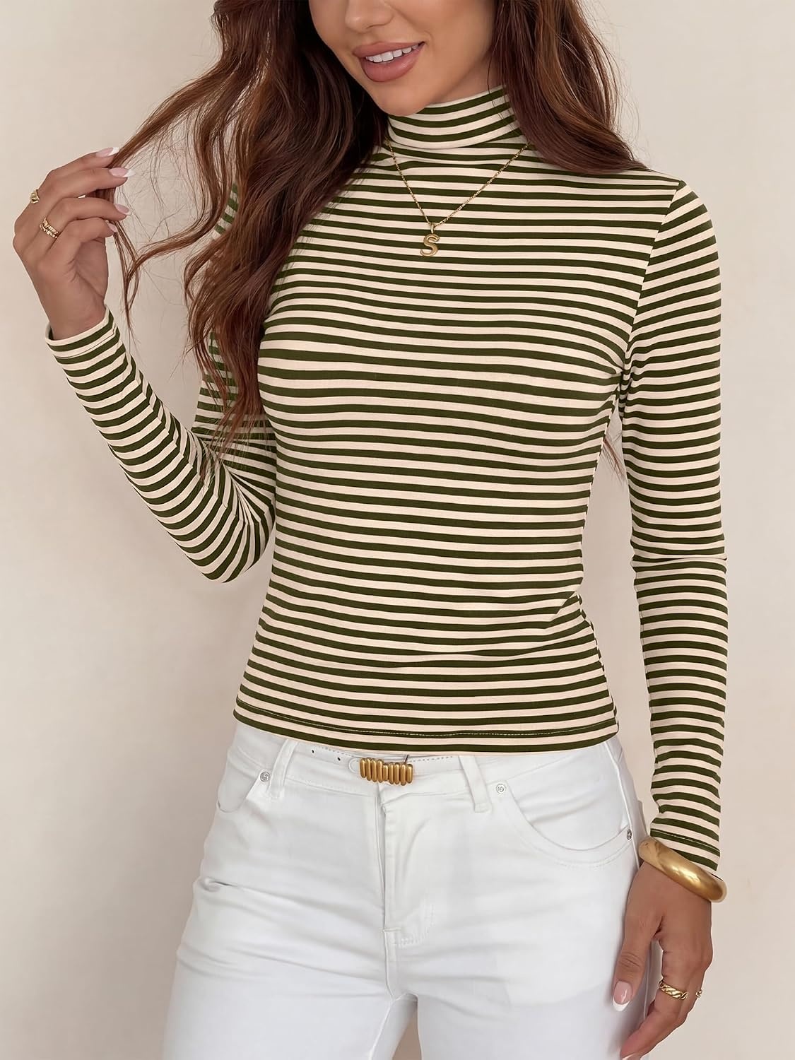 image:imageBTFBM Long Sleeve Shirts for Women Turtleneck Striped ShirtArmy Green White