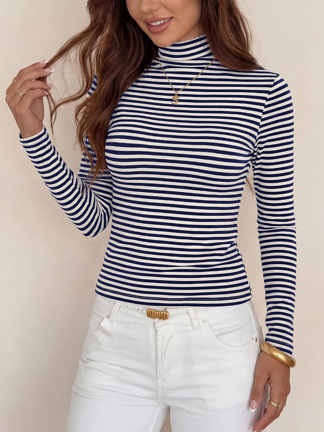 image:imageBTFBM Long Sleeve Shirts for Women Turtleneck Striped ShirtNavy Blue White