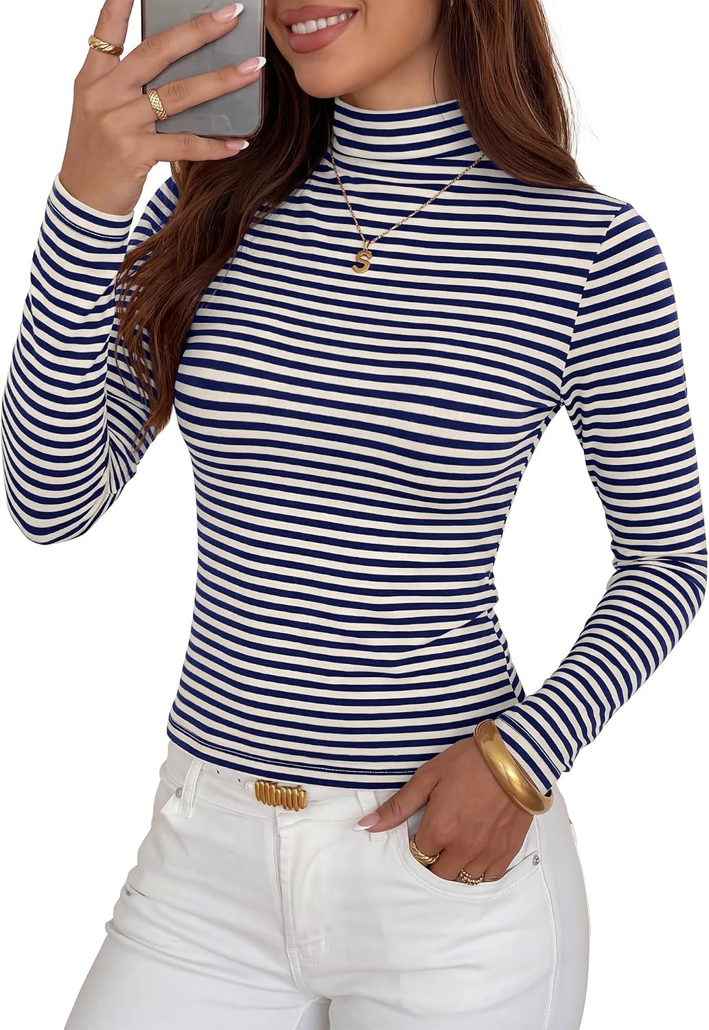 image:imageBTFBM Long Sleeve Shirts for Women Turtleneck Striped ShirtNavy Blue White