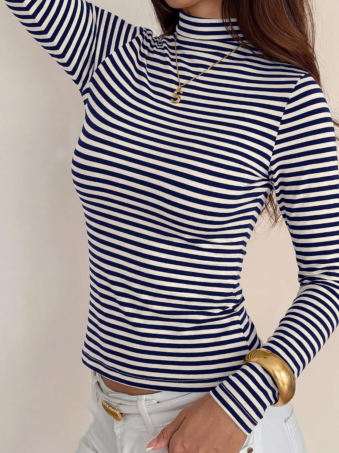 image:imageBTFBM Long Sleeve Shirts for Women Turtleneck Striped ShirtNavy Blue White