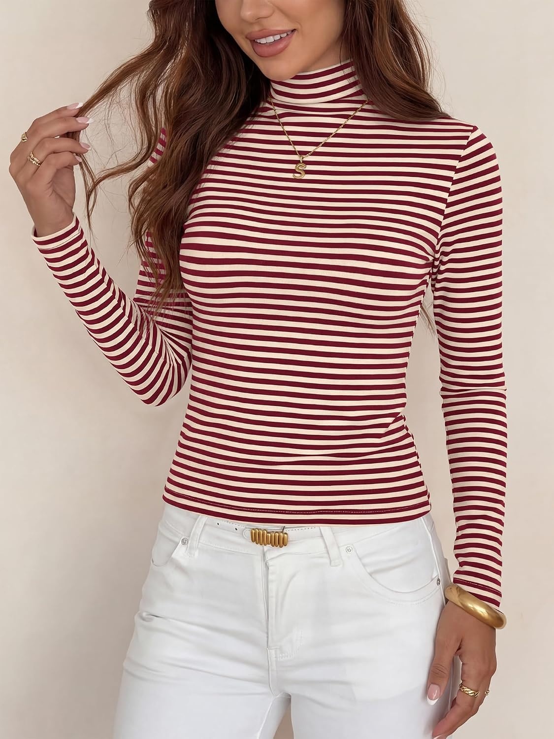 image:imageBTFBM Long Sleeve Shirts for Women Turtleneck Striped ShirtWine Red White