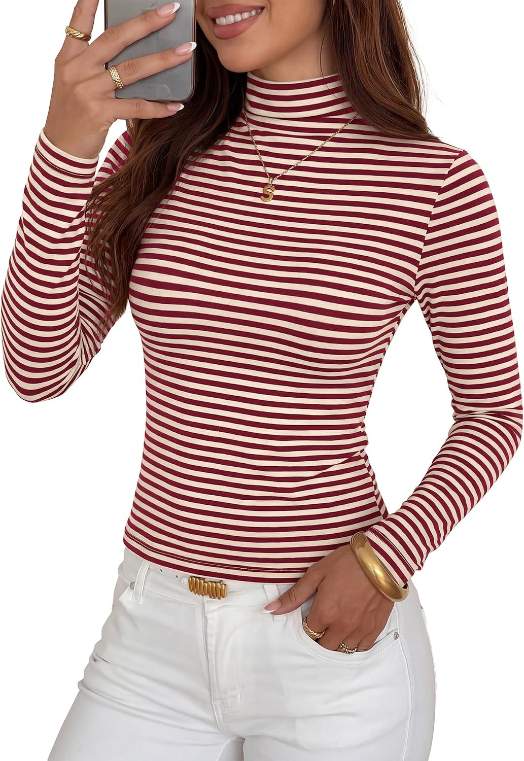 image:imageBTFBM Long Sleeve Shirts for Women Turtleneck Striped ShirtWine Red White