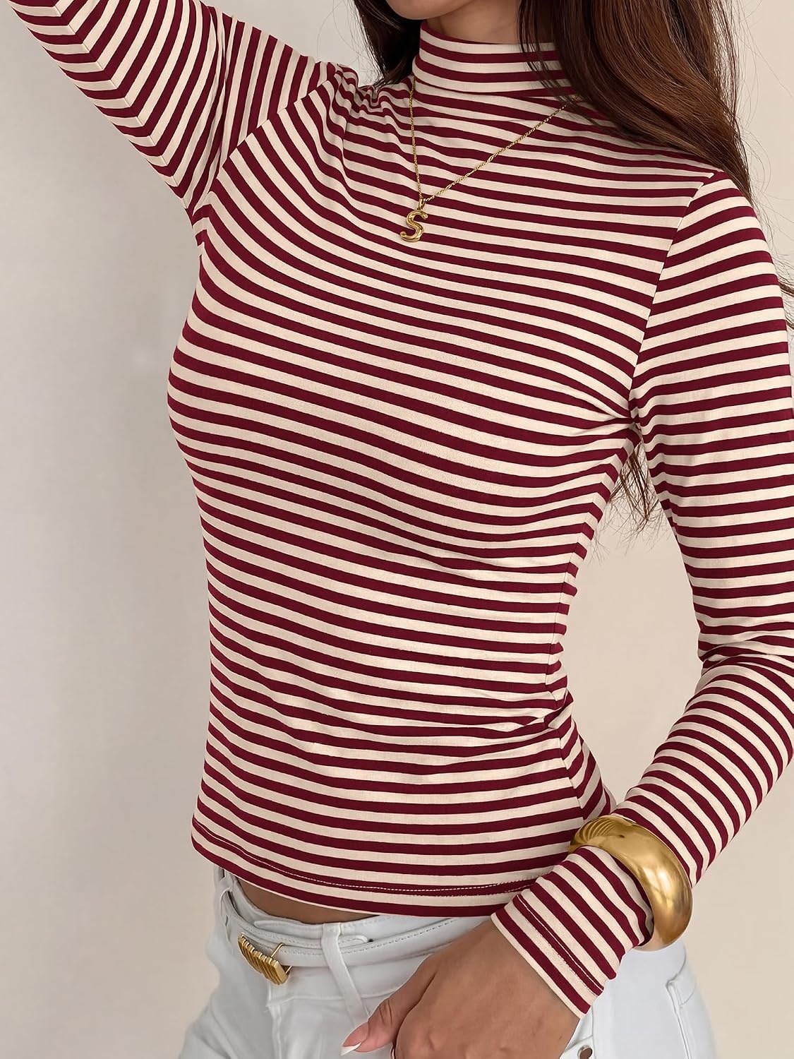 image:imageBTFBM Long Sleeve Shirts for Women Turtleneck Striped ShirtWine Red White