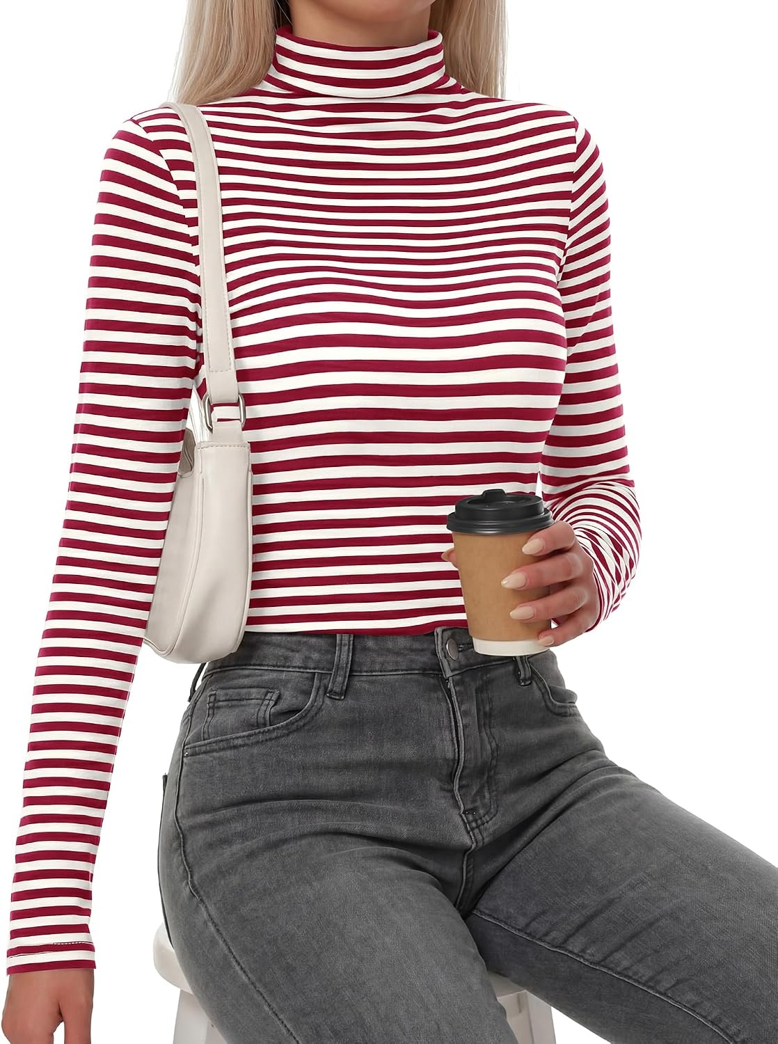 image:imageBTFBM Long Sleeve Shirts for Women Turtleneck Striped ShirtWine Red White