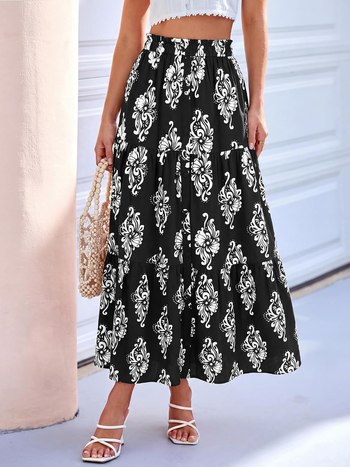 image:imageBTFBM Maxi Skirts for Women Summer Outfits Elastic High Waist A Line Boho Beach Vacation Cruise Floral Long Skirt 2026Black White Flower