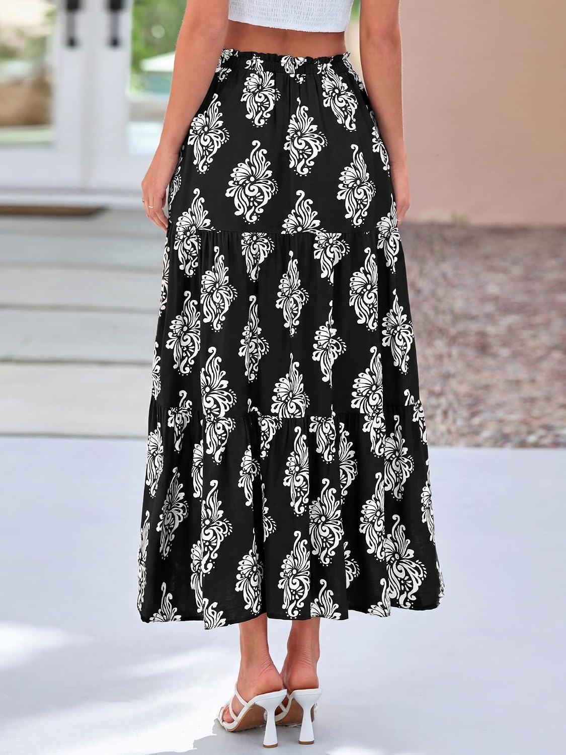 image:imageBTFBM Maxi Skirts for Women Summer Outfits Elastic High Waist A Line Boho Beach Vacation Cruise Floral Long Skirt 2026Black White Flower