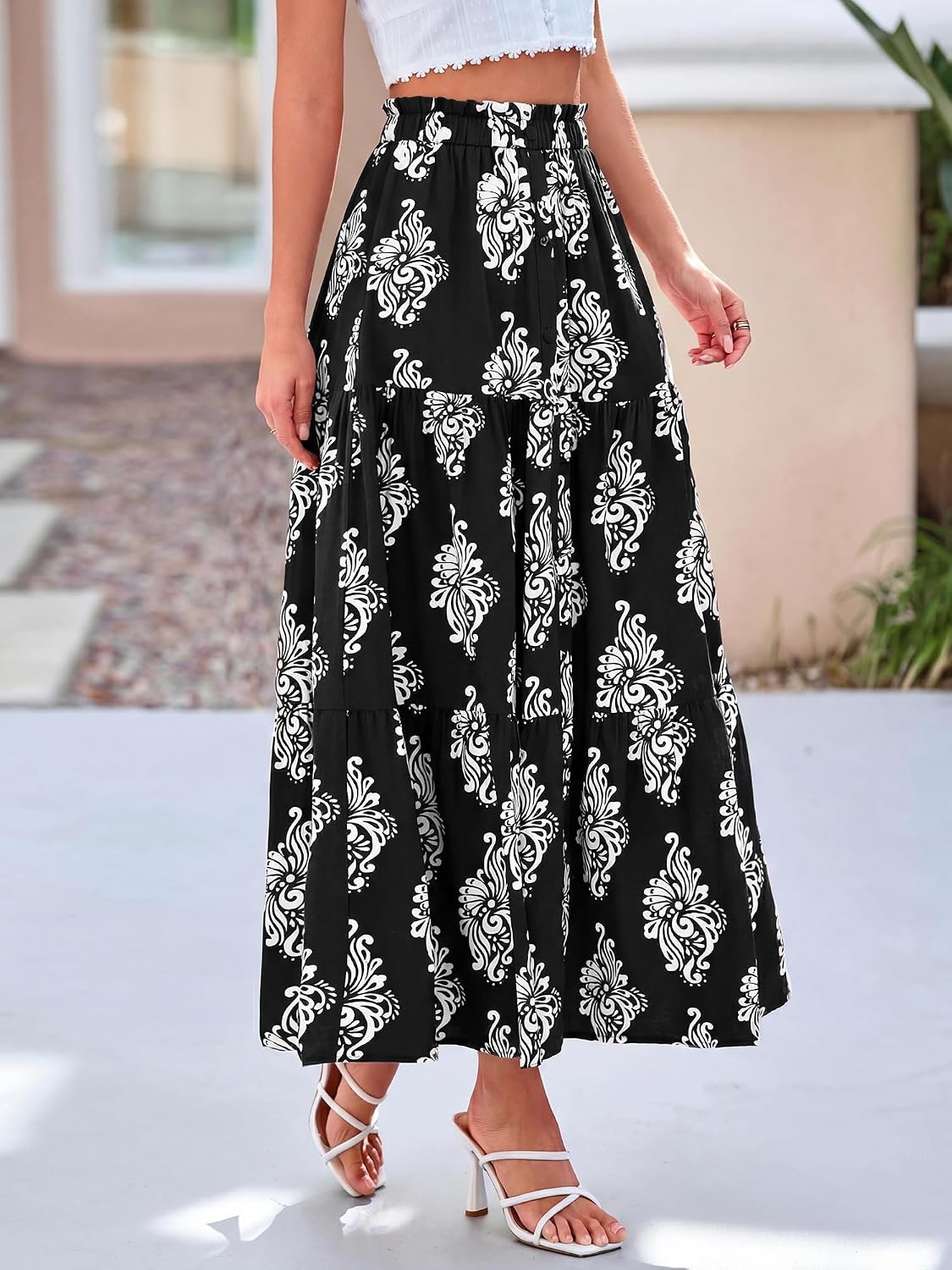 image:imageBTFBM Maxi Skirts for Women Summer Outfits Elastic High Waist A Line Boho Beach Vacation Cruise Floral Long Skirt 2026Black White Flower
