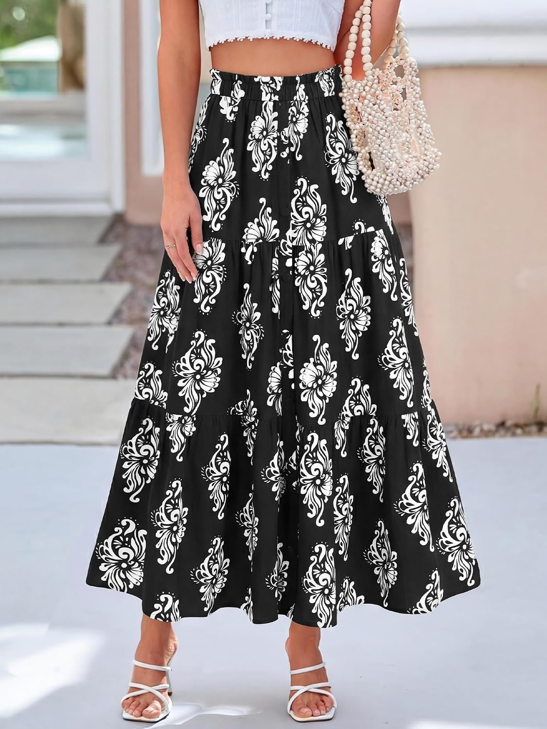 image:imageBTFBM Maxi Skirts for Women Summer Outfits Elastic High Waist A Line Boho Beach Vacation Cruise Floral Long Skirt 2026Black White Flower