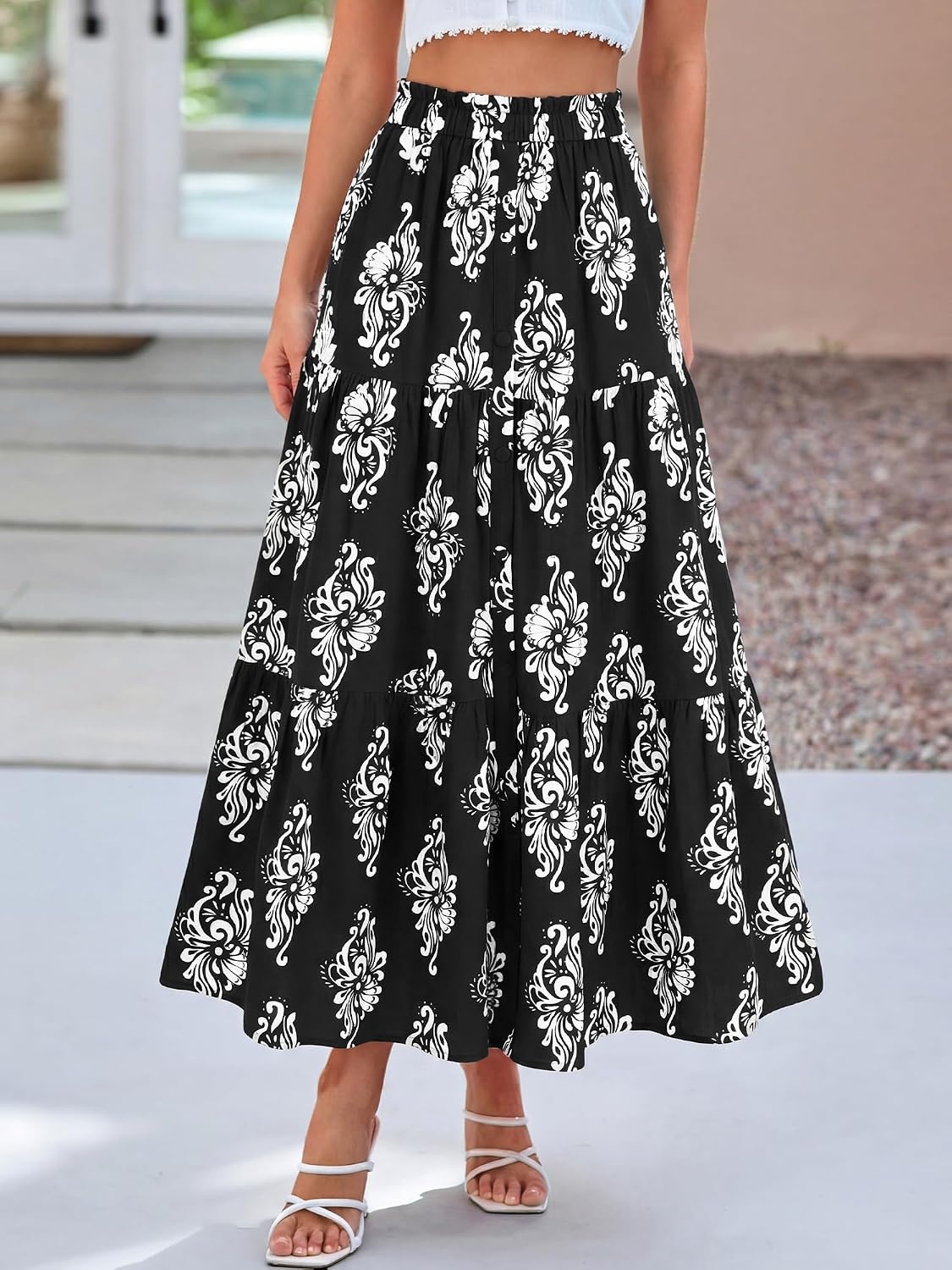 image:imageBTFBM Maxi Skirts for Women Summer Outfits Elastic High Waist A Line Boho Beach Vacation Cruise Floral Long Skirt 2026Black White Flower