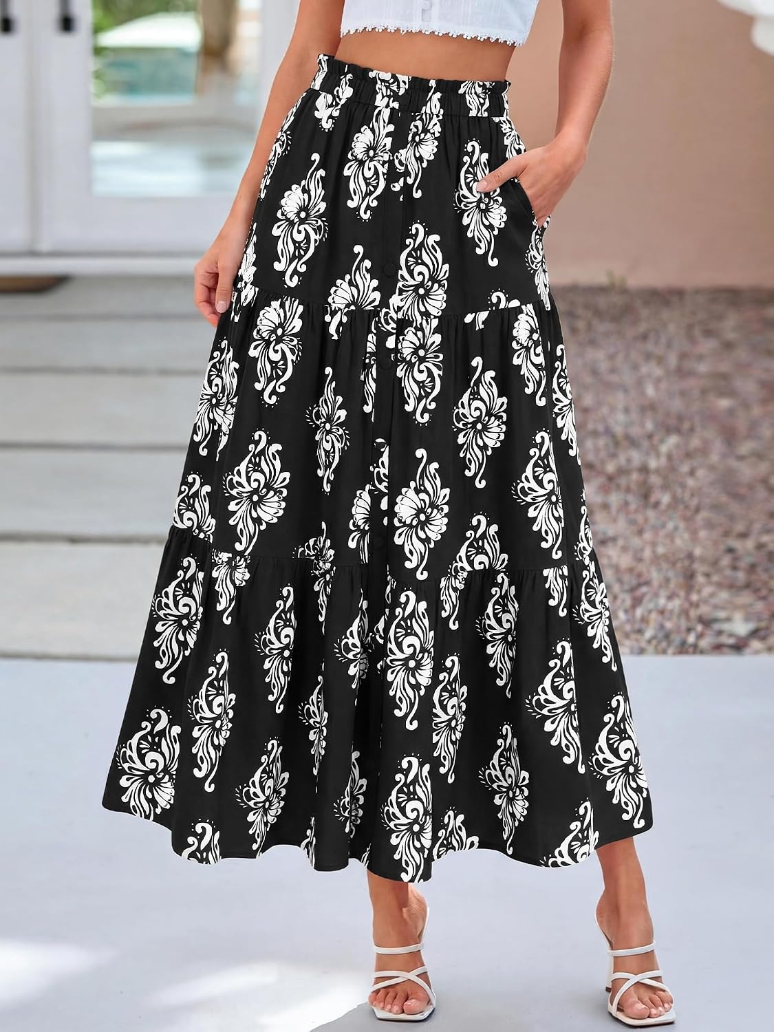 image:imageBTFBM Maxi Skirts for Women Summer Outfits Elastic High Waist A Line Boho Beach Vacation Cruise Floral Long Skirt 2026Black White Flower