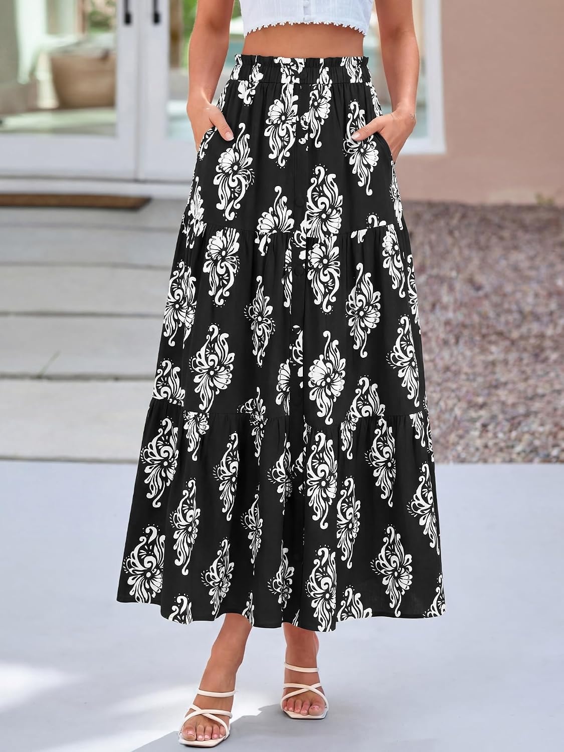 image:imageBTFBM Maxi Skirts for Women Summer Outfits Elastic High Waist A Line Boho Beach Vacation Cruise Floral Long Skirt 2026Black White Flower