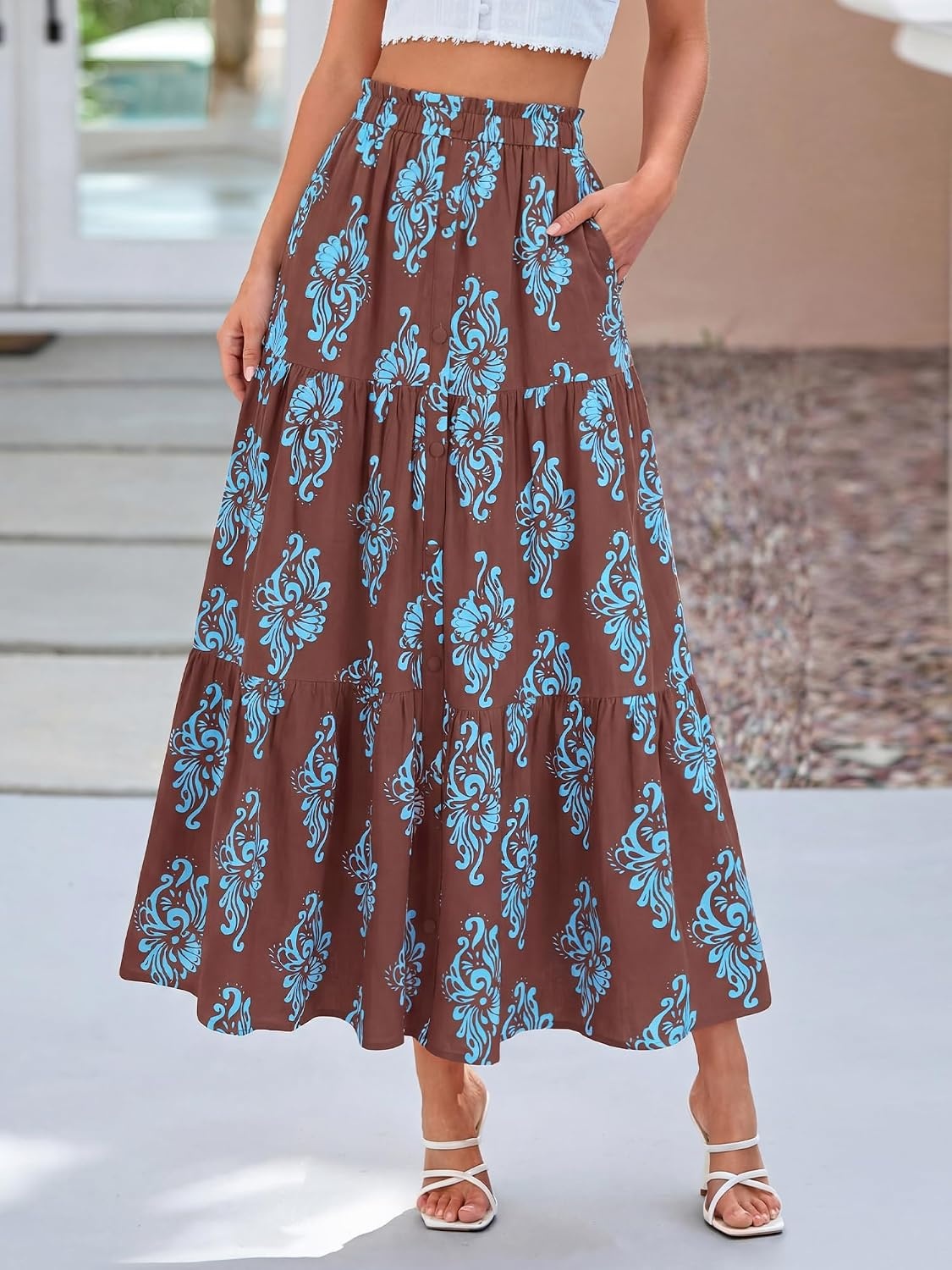 image:imageBTFBM Maxi Skirts for Women Summer Outfits Elastic High Waist A Line Boho Beach Vacation Cruise Floral Long Skirt 2026Brown Light Blue Flower