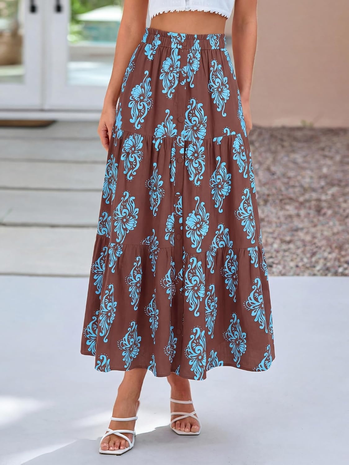 image:imageBTFBM Maxi Skirts for Women Summer Outfits Elastic High Waist A Line Boho Beach Vacation Cruise Floral Long Skirt 2026Brown Light Blue Flower