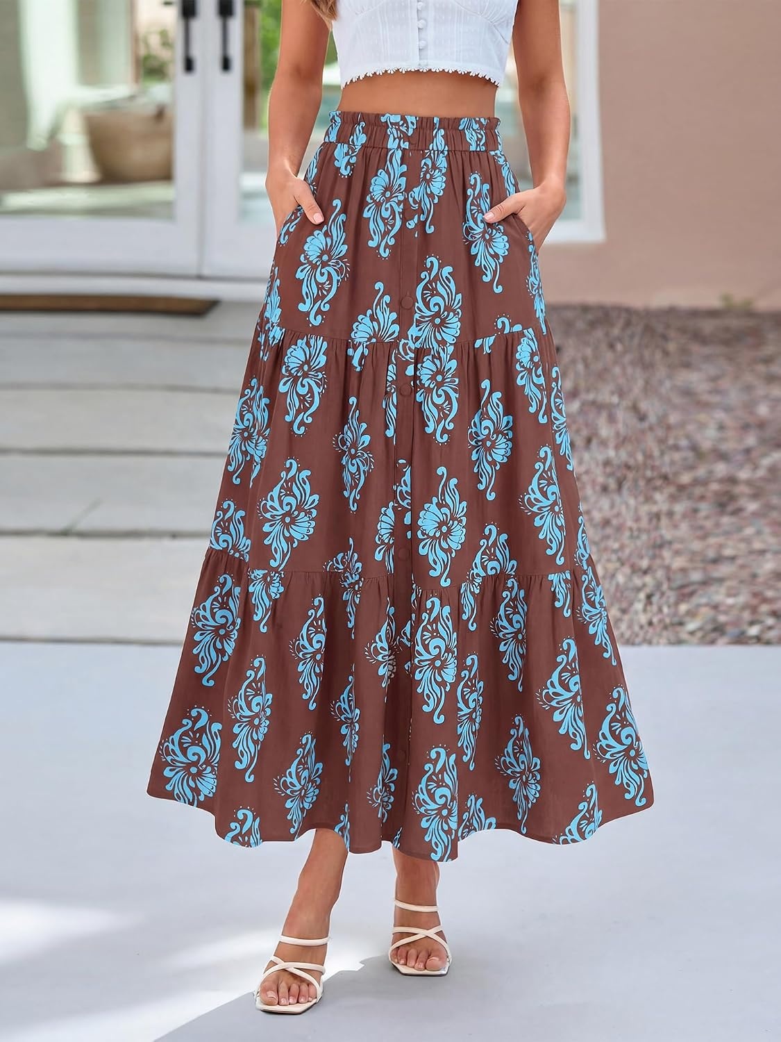image:imageBTFBM Maxi Skirts for Women Summer Outfits Elastic High Waist A Line Boho Beach Vacation Cruise Floral Long Skirt 2026Brown Light Blue Flower