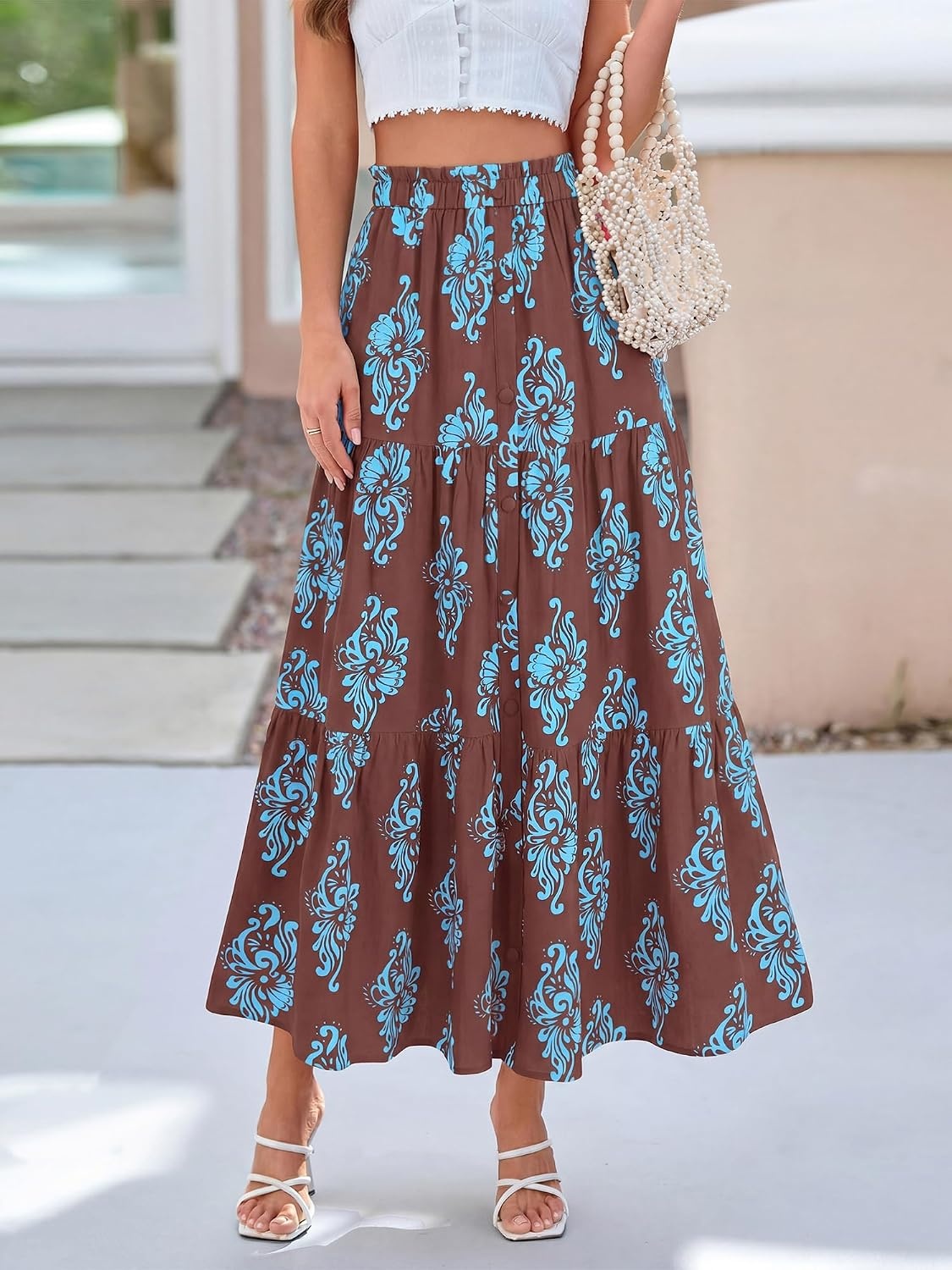 image:imageBTFBM Maxi Skirts for Women Summer Outfits Elastic High Waist A Line Boho Beach Vacation Cruise Floral Long Skirt 2026Brown Light Blue Flower