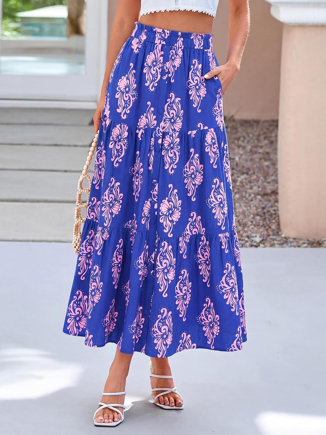 image:imageBTFBM Maxi Skirts for Women Summer Outfits Elastic High Waist A Line Boho Beach Vacation Cruise Floral Long Skirt 2026Dark Blue Pink Flower