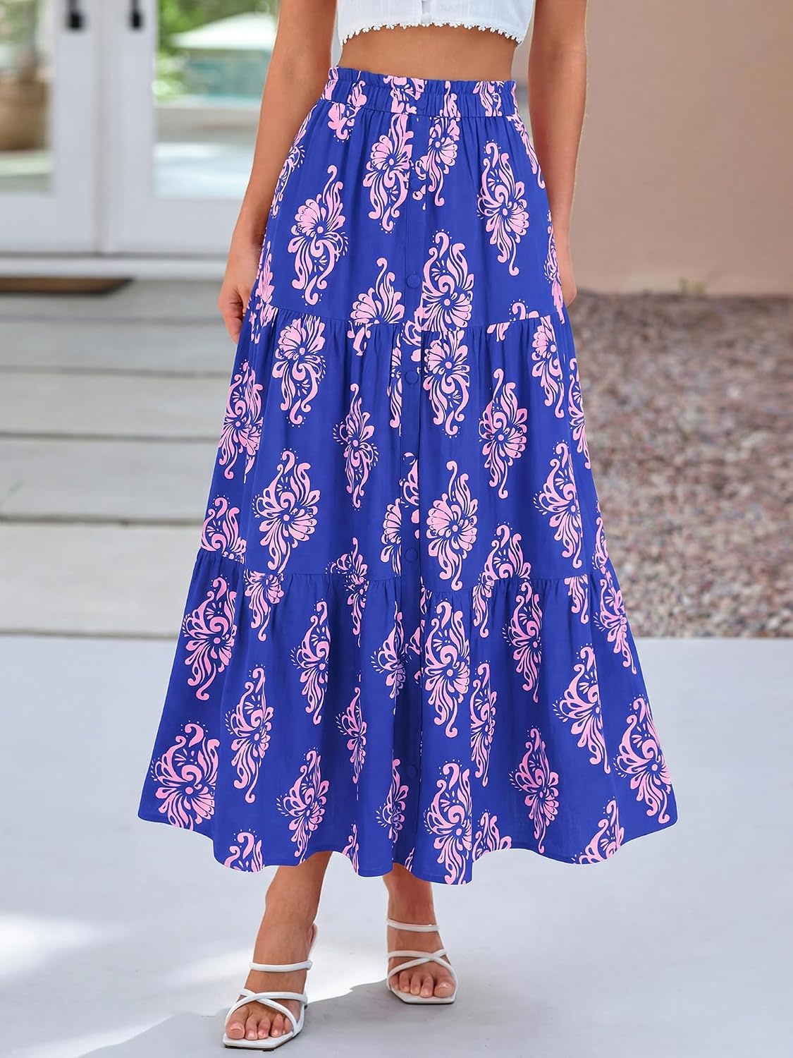 image:imageBTFBM Maxi Skirts for Women Summer Outfits Elastic High Waist A Line Boho Beach Vacation Cruise Floral Long Skirt 2026Dark Blue Pink Flower