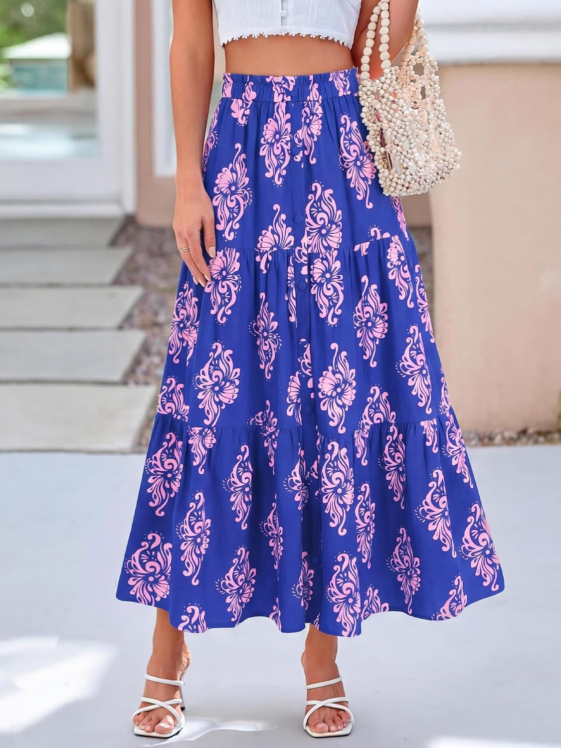 image:imageBTFBM Maxi Skirts for Women Summer Outfits Elastic High Waist A Line Boho Beach Vacation Cruise Floral Long Skirt 2026Dark Blue Pink Flower