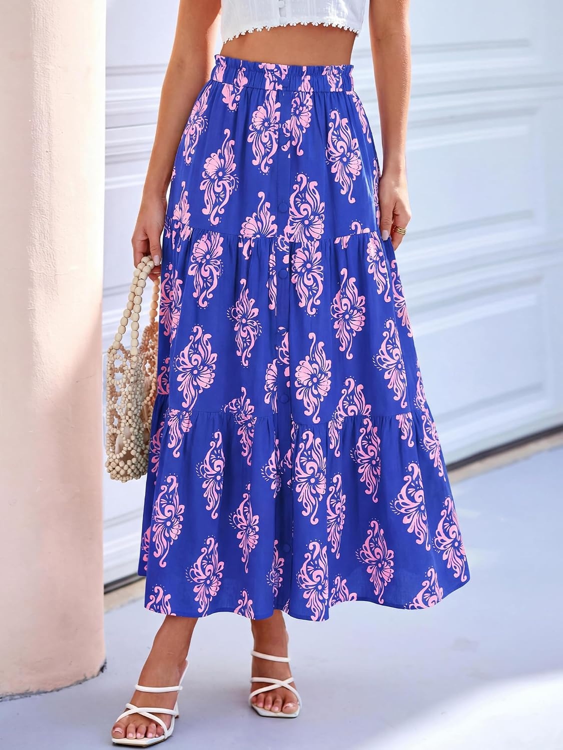 image:imageBTFBM Maxi Skirts for Women Summer Outfits Elastic High Waist A Line Boho Beach Vacation Cruise Floral Long Skirt 2026Dark Blue Pink Flower
