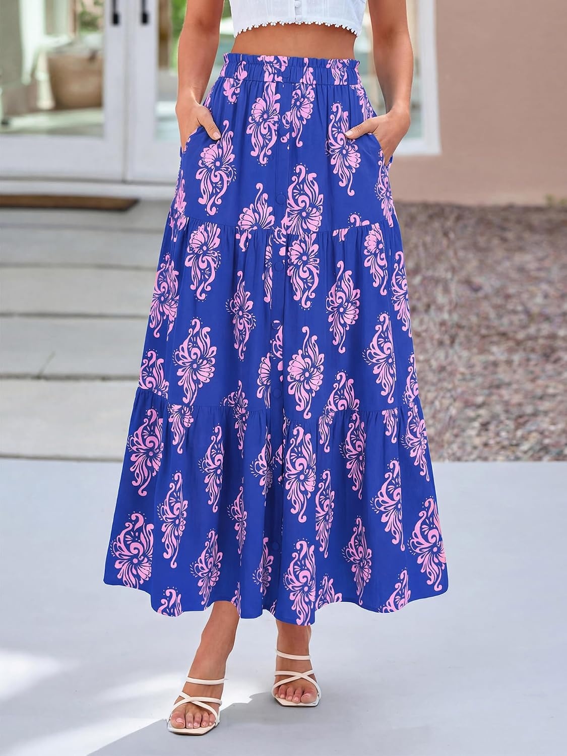 image:imageBTFBM Maxi Skirts for Women Summer Outfits Elastic High Waist A Line Boho Beach Vacation Cruise Floral Long Skirt 2026Dark Blue Pink Flower