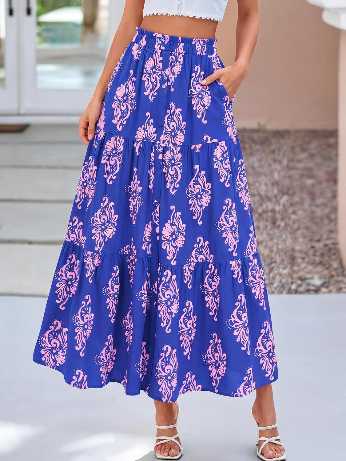 image:imageBTFBM Maxi Skirts for Women Summer Outfits Elastic High Waist A Line Boho Beach Vacation Cruise Floral Long Skirt 2026Dark Blue Pink Flower