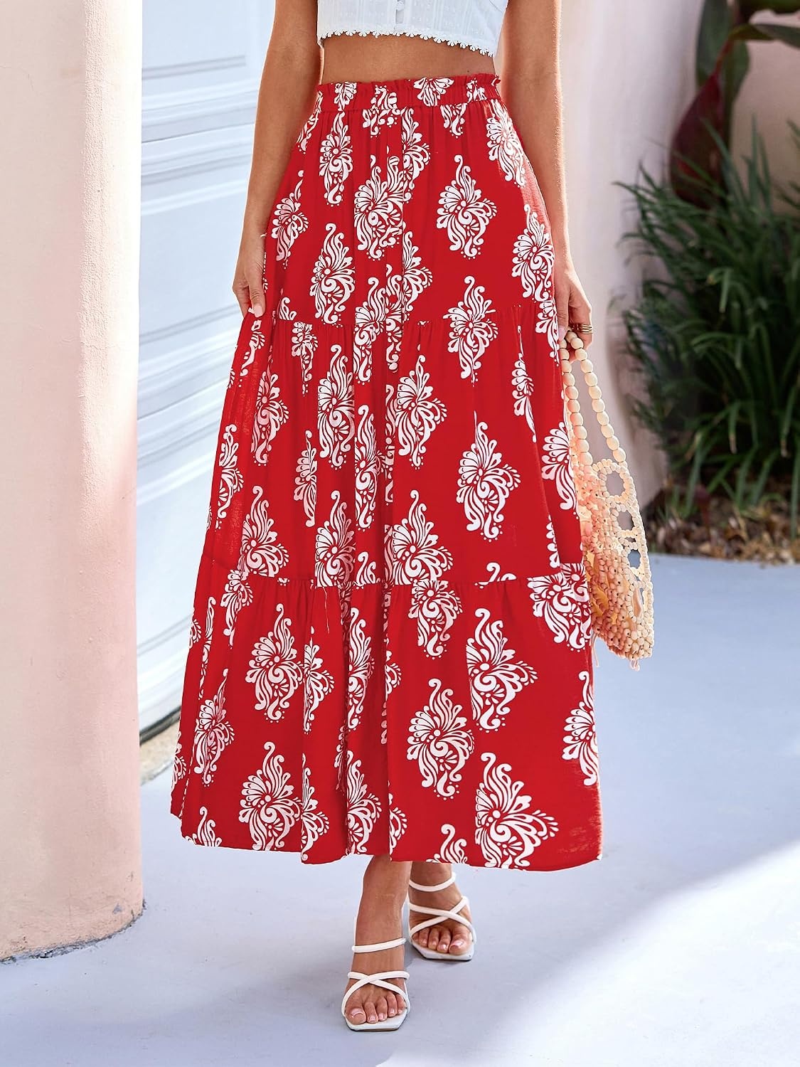 image:imageBTFBM Maxi Skirts for Women Summer Outfits Elastic High Waist A Line Boho Beach Vacation Cruise Floral Long Skirt 2026Floral Red White Flower