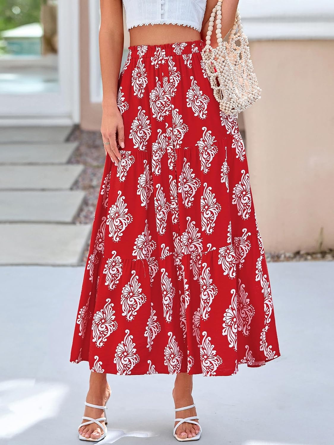 image:imageBTFBM Maxi Skirts for Women Summer Outfits Elastic High Waist A Line Boho Beach Vacation Cruise Floral Long Skirt 2026Floral Red White Flower